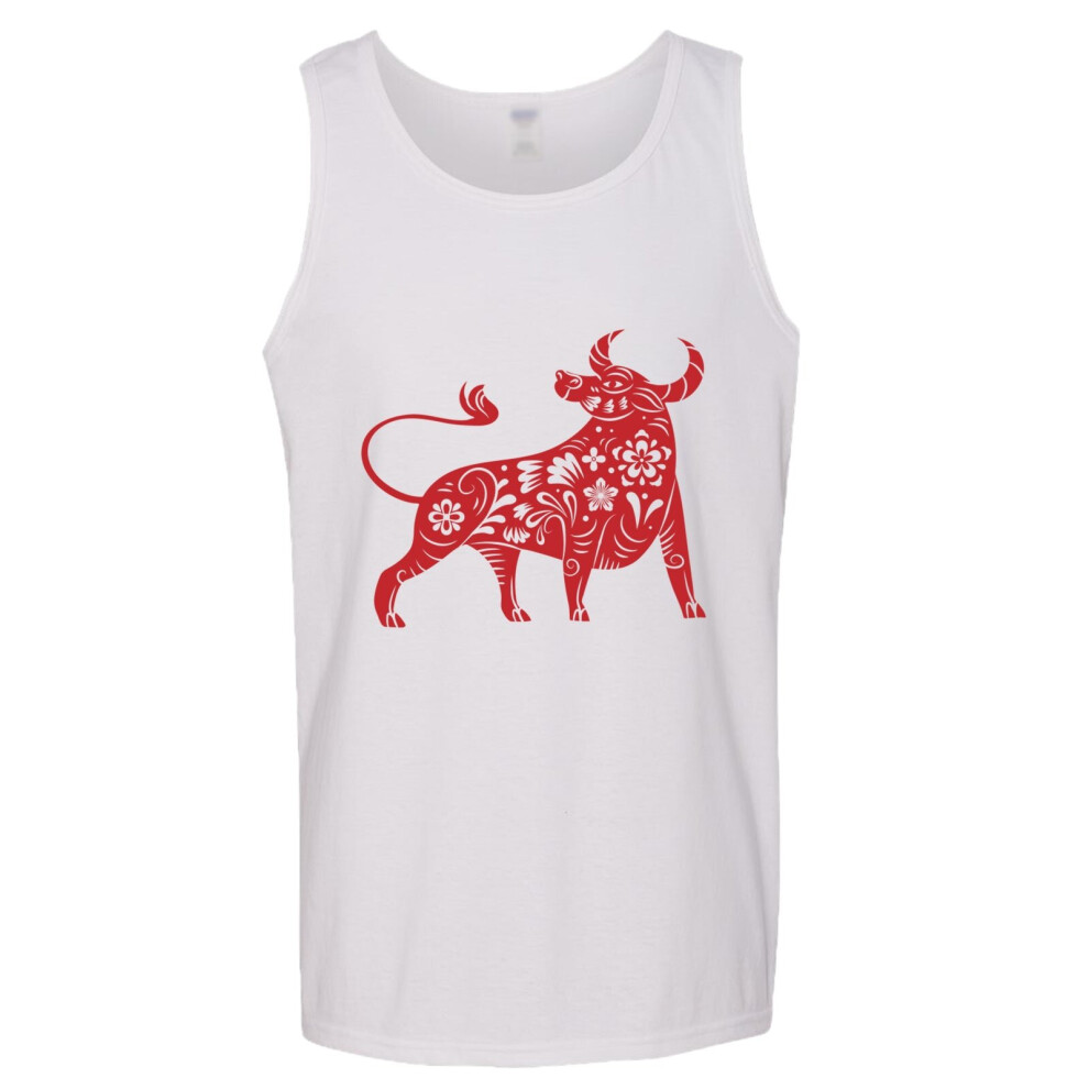 (M) Chinese Zodiac Shengxiao New Year Ox Bull Cow Mens White Tank Top Singlet Shirt