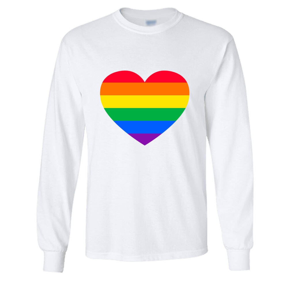 (2XL) LGBTQ Colourful Rainbow Gay Pride Love Heart Long Sleeve Mens White T-Shirt Tee