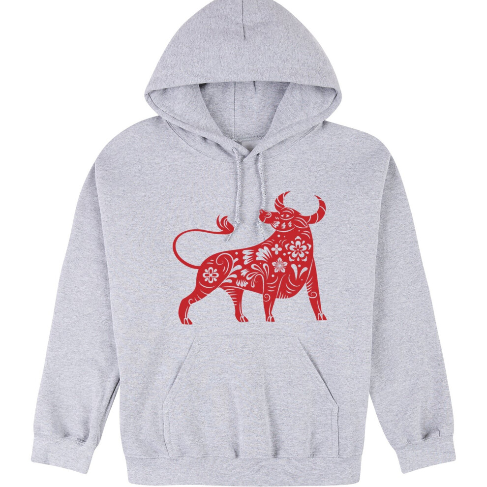 (3XL) Chinese Zodiac New Year OX Bull Cow Animal Grey Hooded Sweater Mens Hoodie