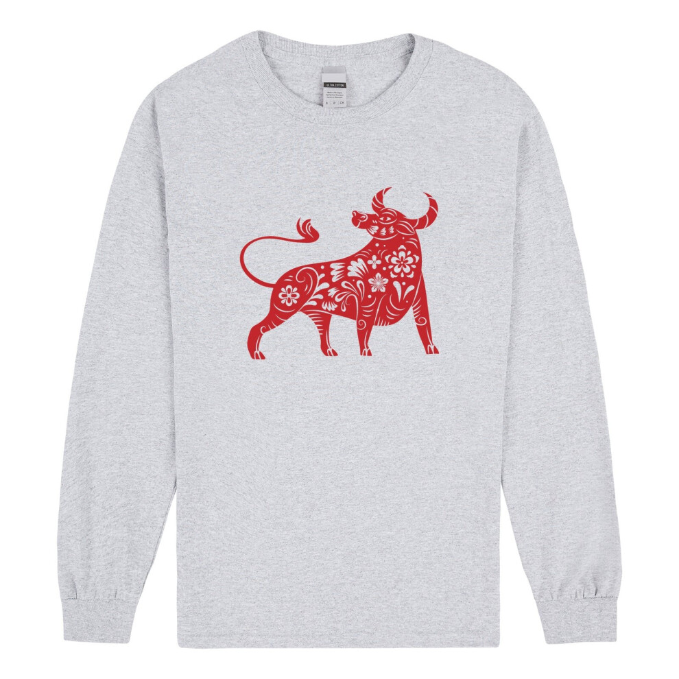 (3XL) Chinese Zodiac New Year OX Bull Cow Animal Long Sleeve T-Shirt Grey Tee Mens Top