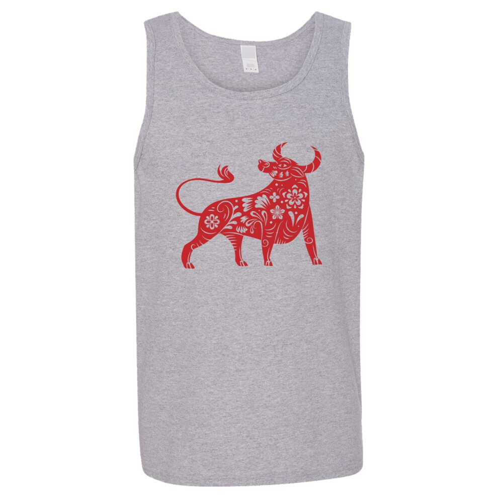 (2XL) Chinese Zodiac New Year OX Bull Cow Sport Grey Tank Top Singlet T Shirt Mens