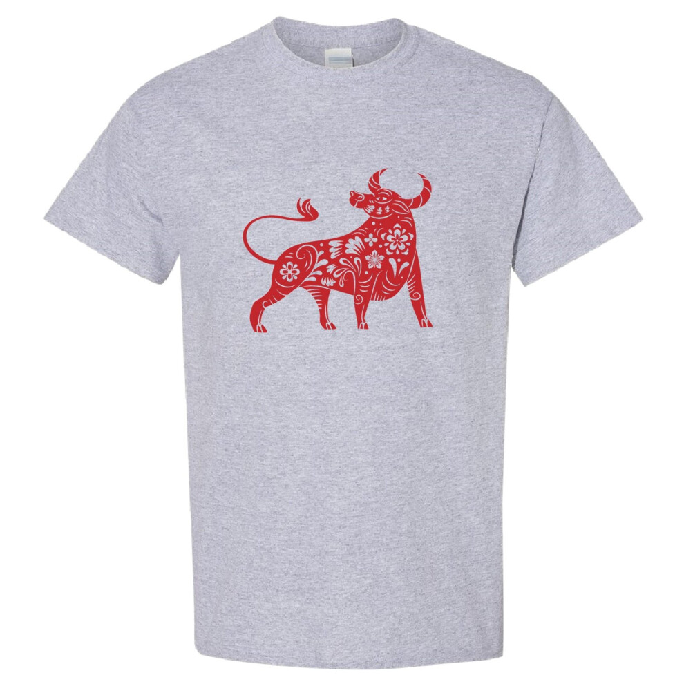 (S) Chinese Zodiac New Year OX Bull Cow Animal Art Grey Mens T Shirt Tee Top