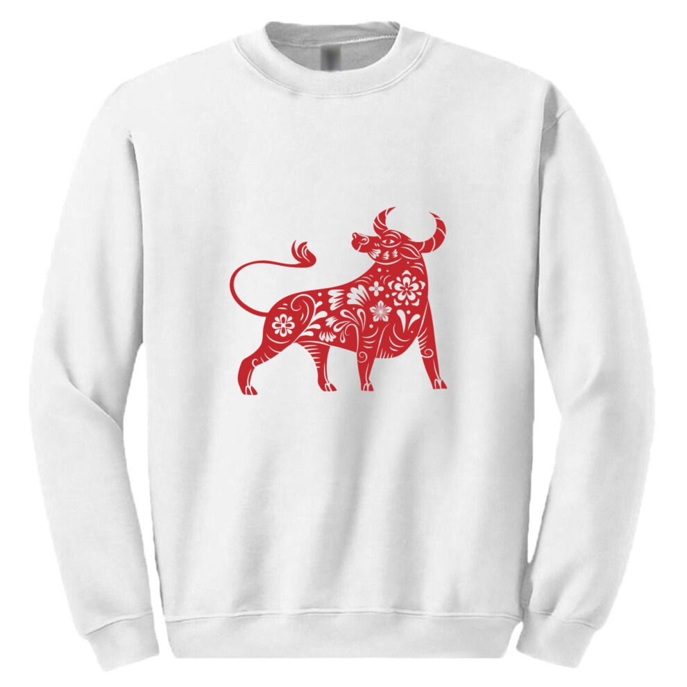 (M) Chinese Zodiac New Year OX Bull Cow Mens White Sweater Jumper Sweatshirt