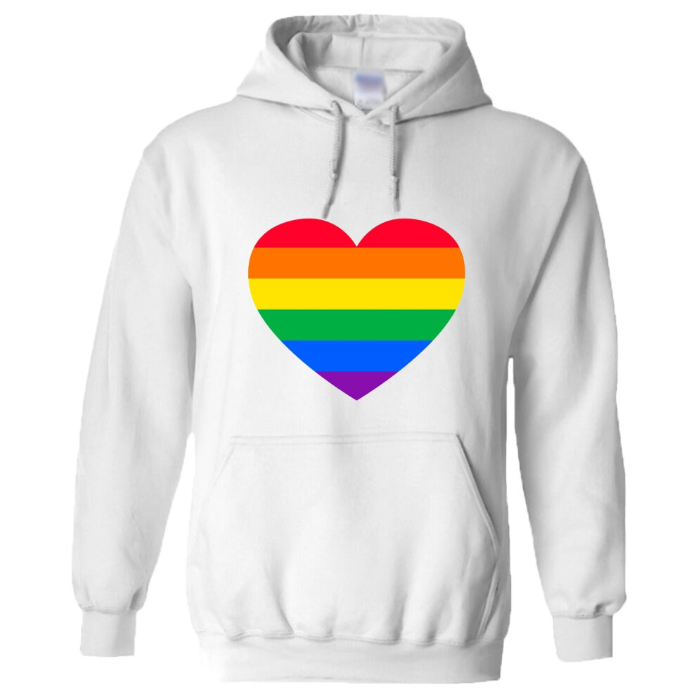 (L) LGBTQ Colourful Rainbow Gay Pride Heart Men White Hoodie Hooded Sweat Sweater