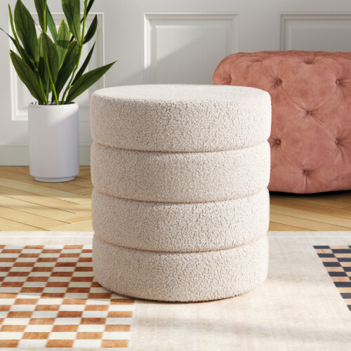 Living And Home (White) Round Channel Upholstered Footstool 1