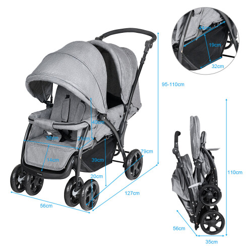 Casart Double Seat Baby Stroller w/ 2 Seats Adjustable Backrest& Safety Belts 2