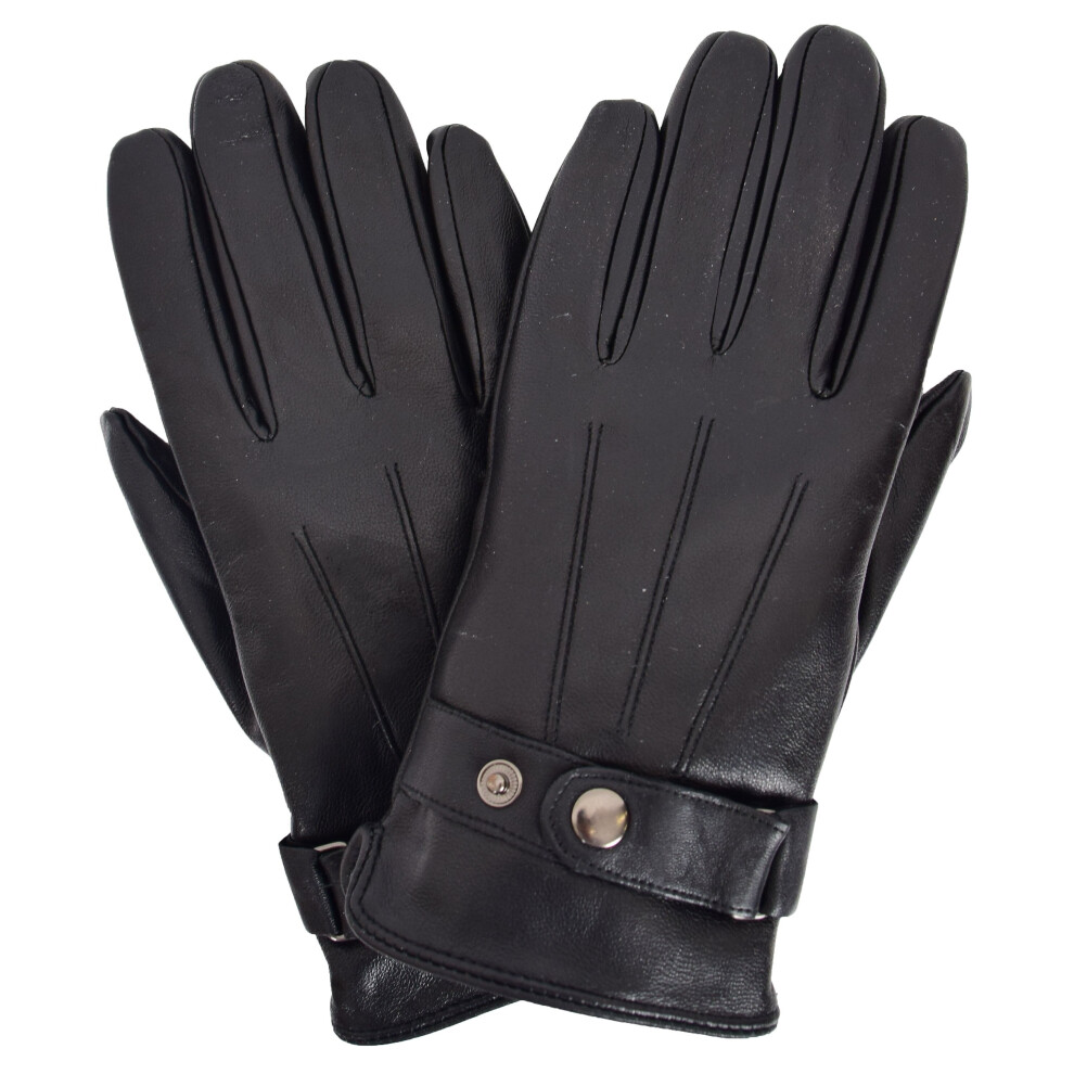 (Black, L) Mens Soft Lambskin Black Leather Gloves Adjustable Strap Winter Casual Glove MGS01