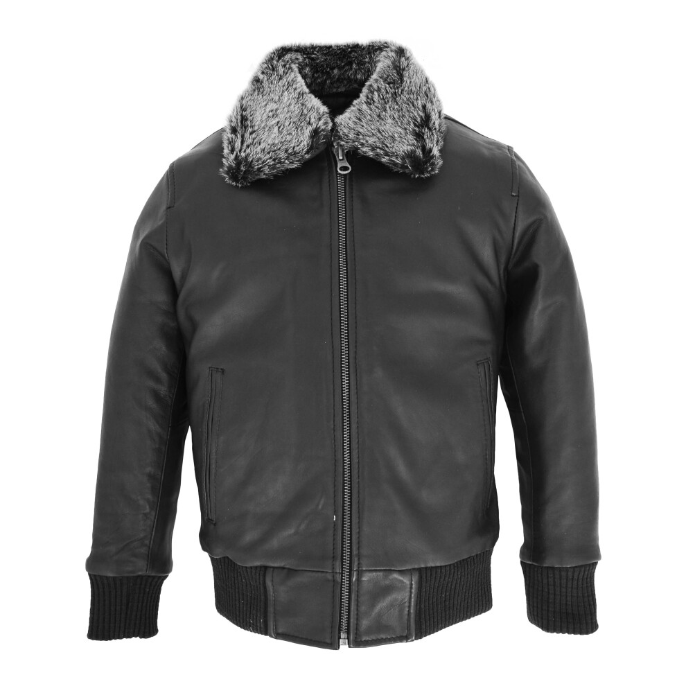 (Black, L= 6years) Kids Real Black Leather Bomber Jacket Boys Childrens Soft Zip Up Coat 2-12 Years - MA1
