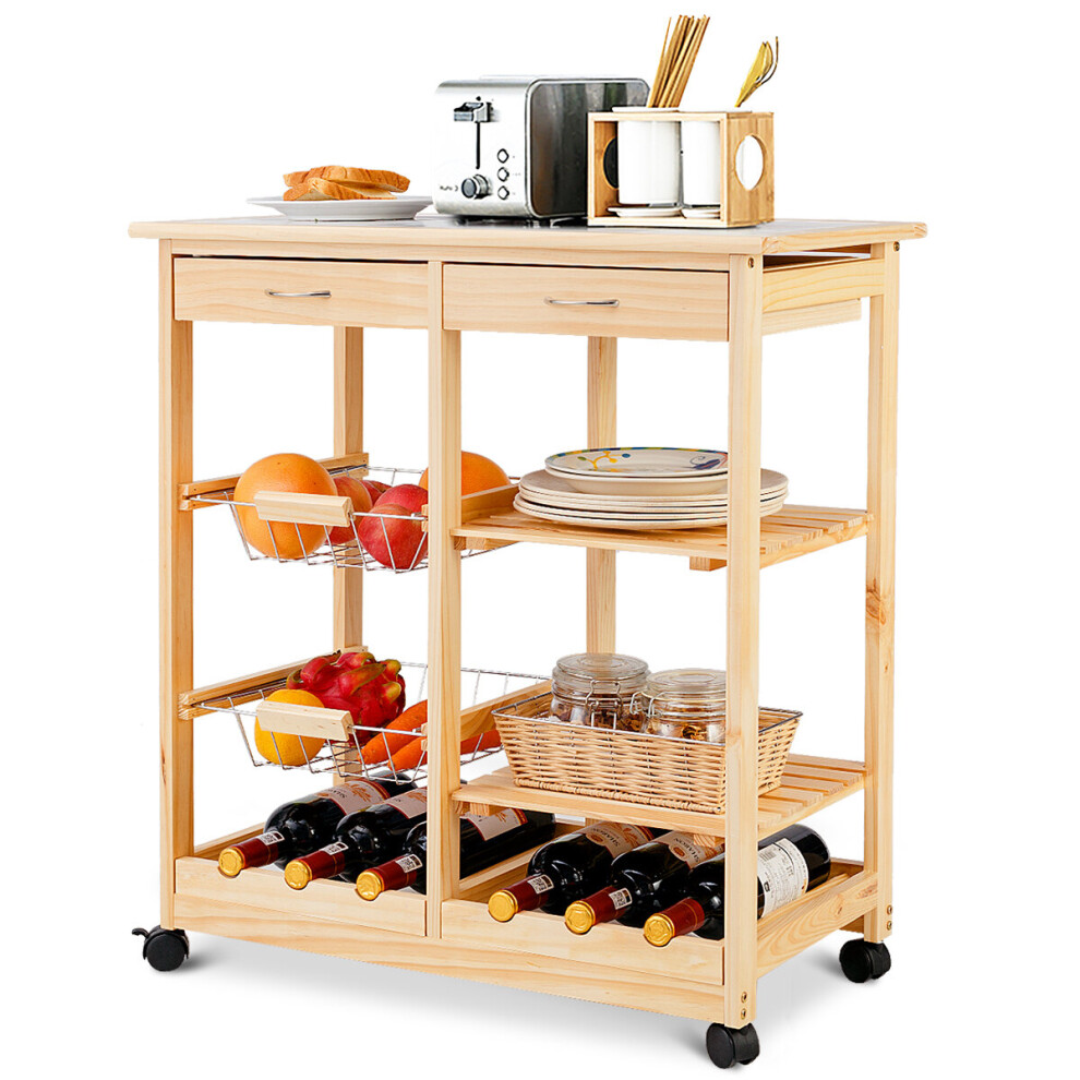 Kitchen Trolley Cart Rolling Island Shelves Cupboard 2 Drawers Baskets