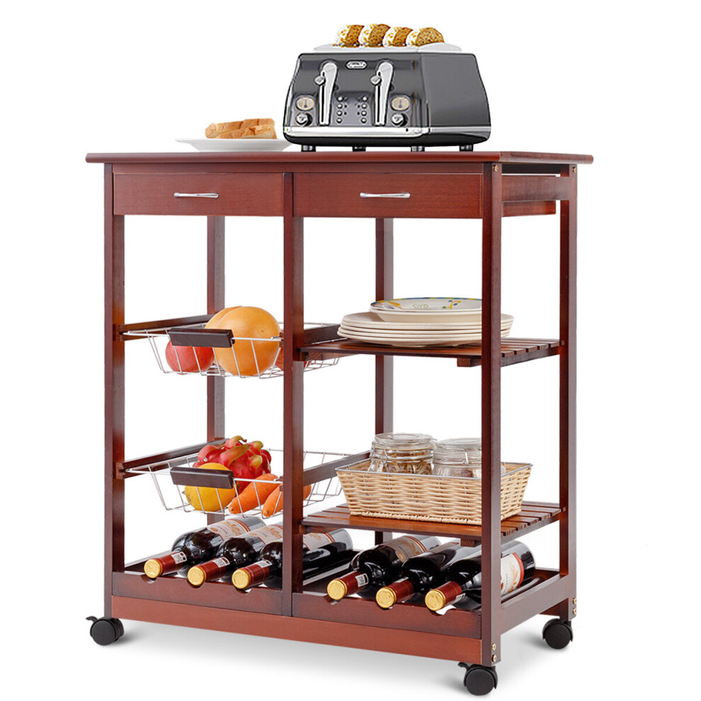 Kitchen Trolley Cart Rolling Island Shelves Cupboard 2 Drawers Baskets