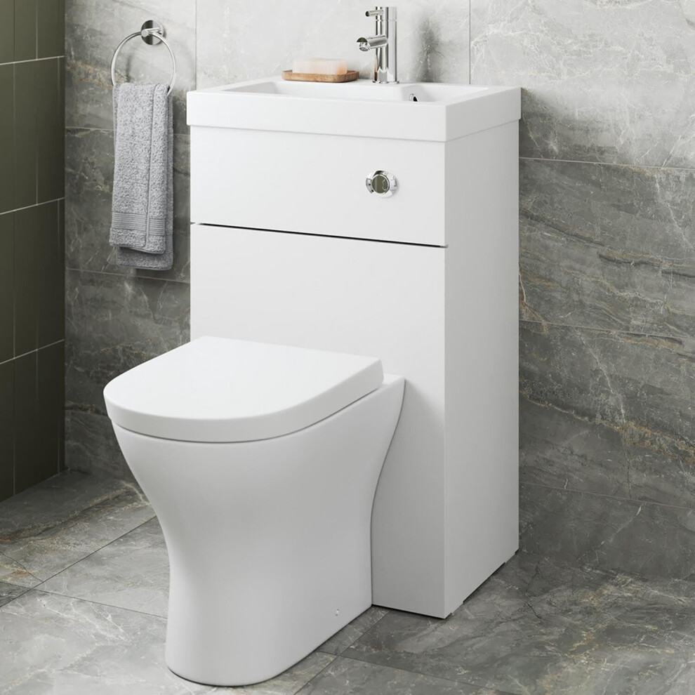 2 in 1 Toilet Basin Combi Unit Back to Wall BTW White Gloss Space Saving 500mm - Image 3