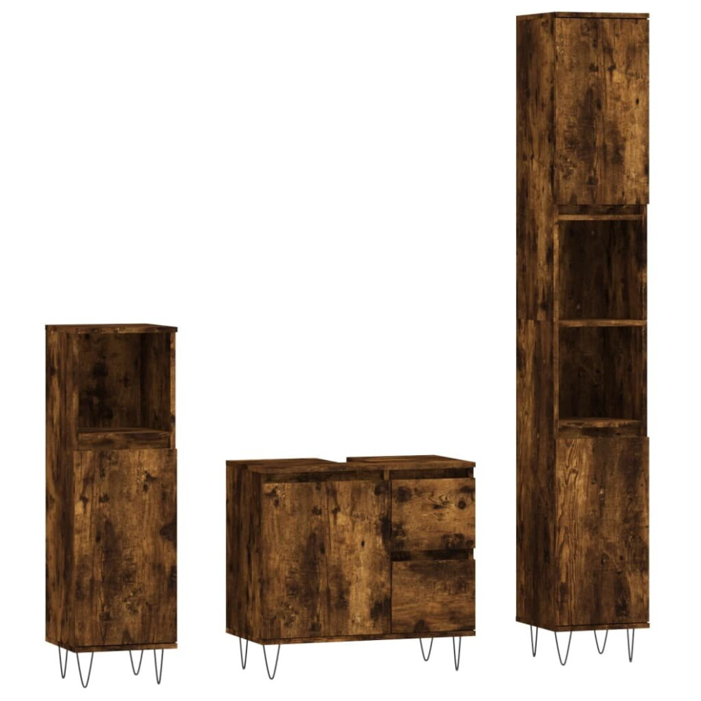 Vidaxl (Smoked Oak) Bathroom Furniture Set Storage Cabinet 3 Piece White Engineered Wood