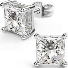 18K White Gold Plated Sterling Silver Princess Cut Cubic Zirconia Stud Earrings Square Simulated Diamond CZ Stud Earrings for Hypoallergenic-7mm