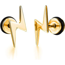 Unisex Screw Flat Back Lightning Bolt Stud Earring in High Polished Surgical Steel - Plated in 14K Yellow Gold or 925 Sterling Silver