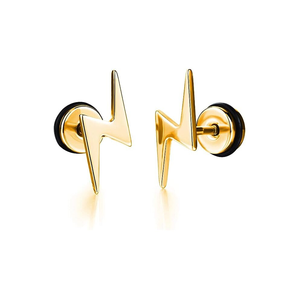 Unisex Screw Flat Back Lightning Bolt Stud Earring in High Polished Surgical Steel - Plated in 14K Yellow Gold or 925 Sterling Silver