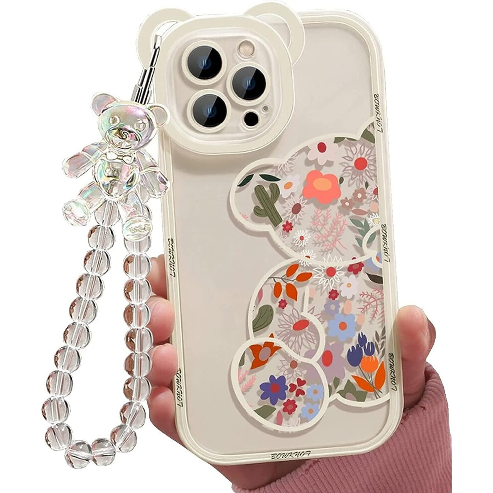 Iphone 14 Pro Max Phone Case, Cute Floral Bear Case, With Cute Wristband, Women's Bracelet Chain, Transparent Kawaii Camera Protection 7042558966875