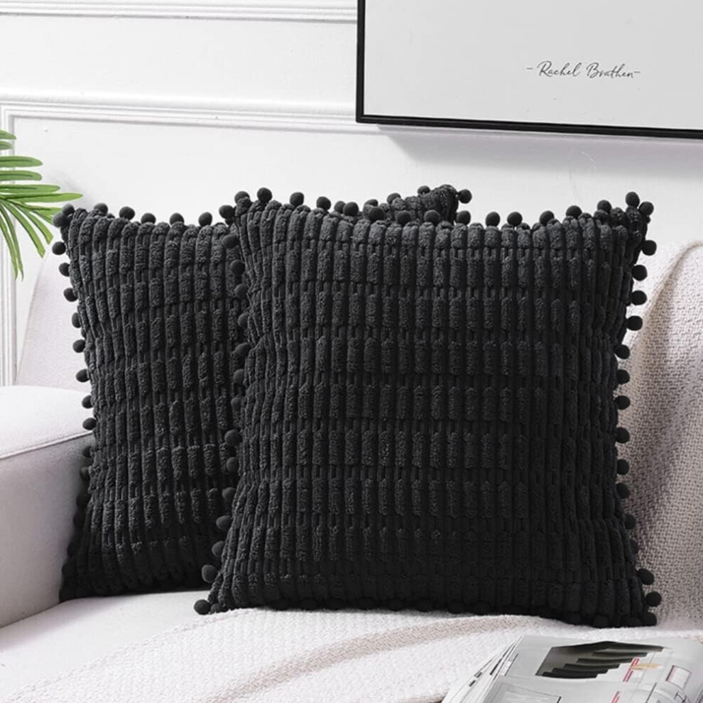 2 pack 20x20 inch black pillow cover with pompom, suitable for sofa bed living room, soft Corduroy cute square cushion cover 50x50cm-image-OPC-PCB5X58-NEW