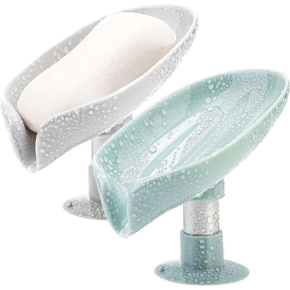 2 Pack Soap Holder Leaf-Shape Self Draining Soap Dish Holder, Not Punched Easy Clean Bar Soap Holder, with Suction Cup Soap(Grey + Green)