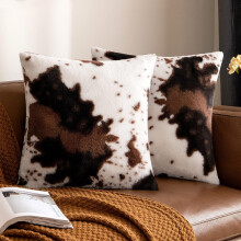 A pack of 2 luxurious faux fur pillow covers with cowhide decoration, soft and fluffy plush sofa pillow covers, sofa 18x18 inches
