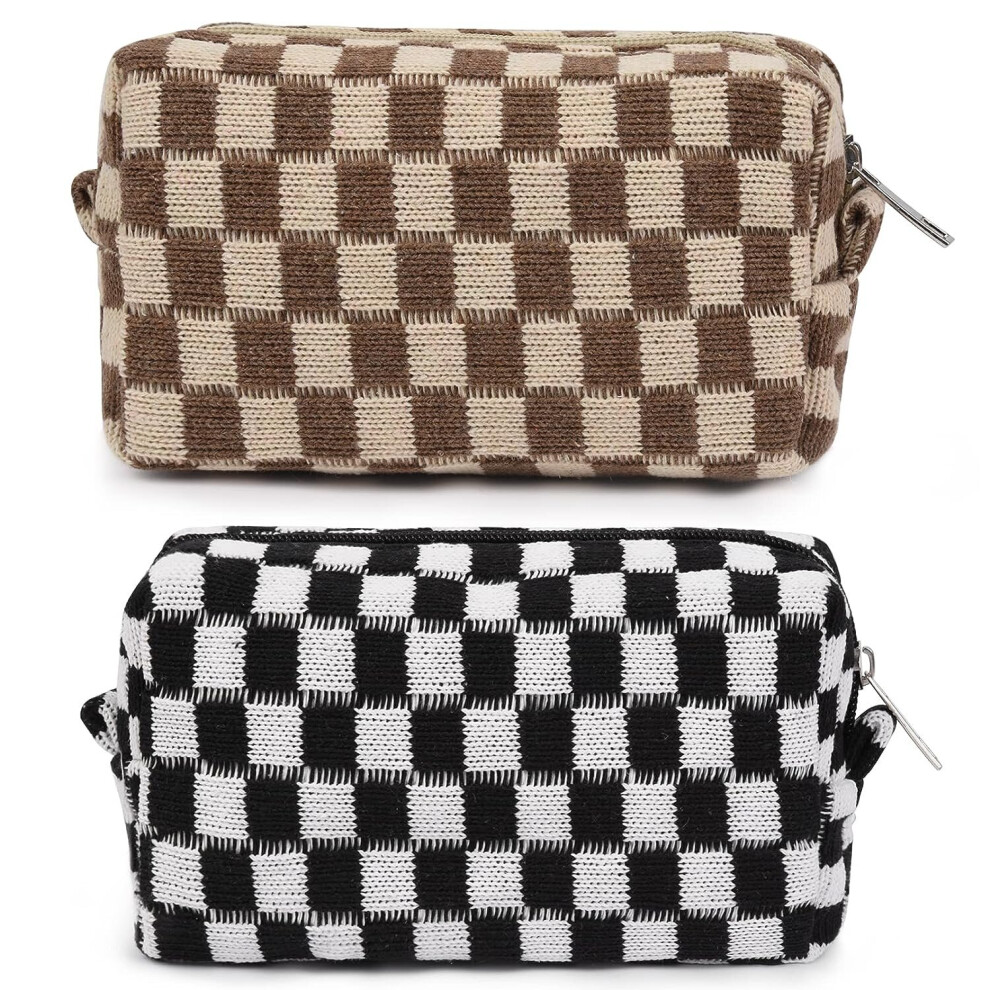 Tianfu Pink/Green 2 Pieces Makeup Bag Checkered Cosmetic Bag Makeup Pouch Travel Toiletry Bag Organizer Cute Makeup Brushes Storage Bag For Women