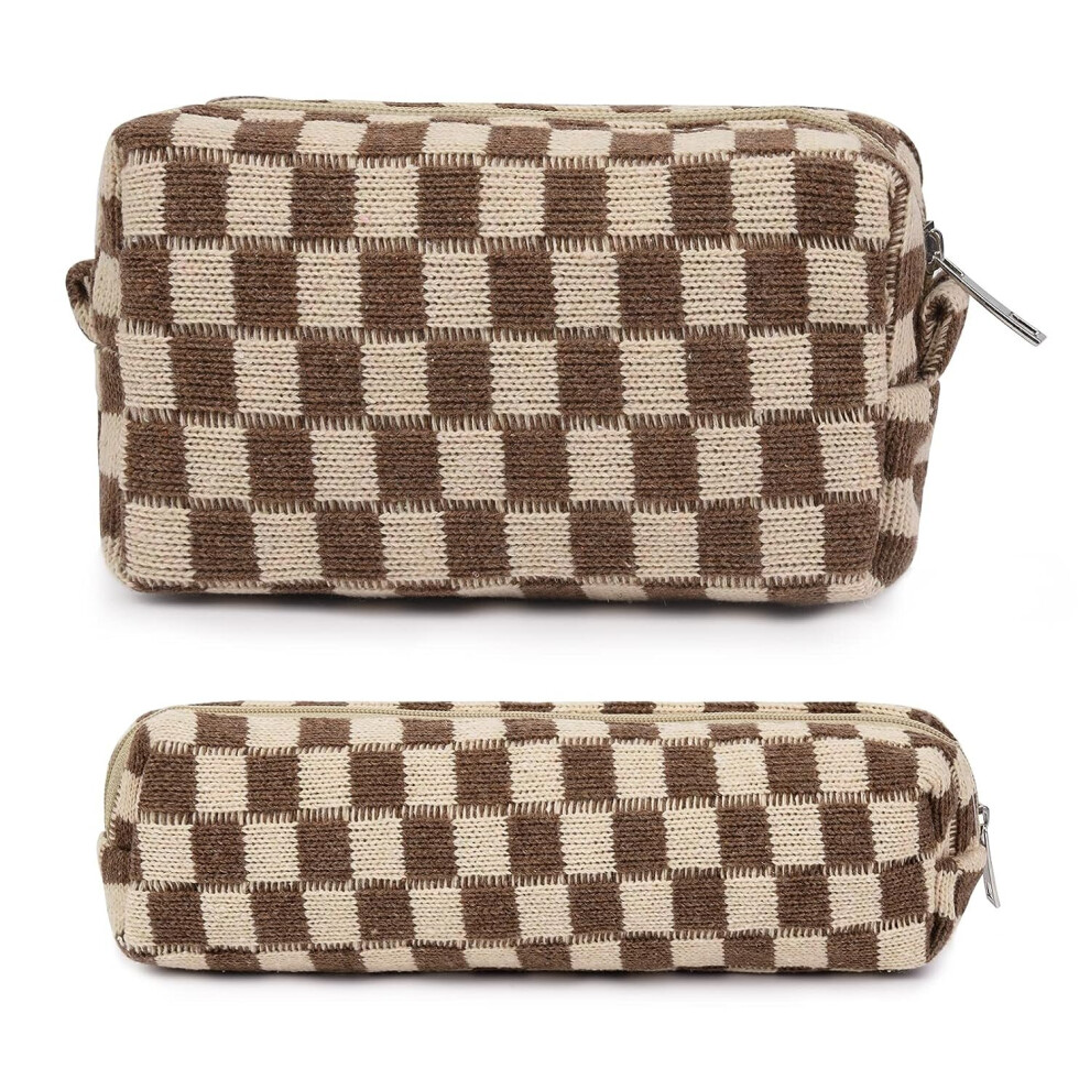 Tianfu Pink/Green 2 Pieces Makeup Bag Checkered Cosmetic Bag Makeup Pouch Travel Toiletry Bag Organizer Cute Makeup Brushes Storage Bag For Women