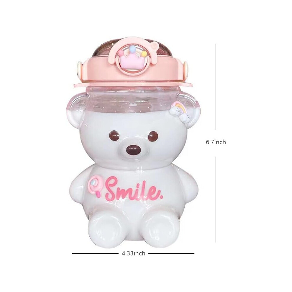 Kawaii Bear Water Bottle With Straw, 34oz Cute Water Bottle with 3D Kawaii Stickers and Shoulder Straps No Leak Large Cute Kids Water Bottles