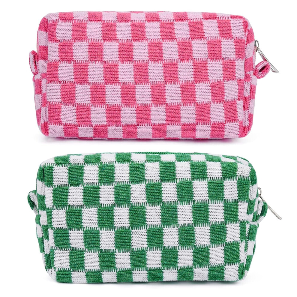 Tianfu Pink/Green 2 Pieces Makeup Bag Checkered Cosmetic Bag Makeup Pouch Travel Toiletry Bag Organizer Cute Makeup Brushes Storage Bag For Women