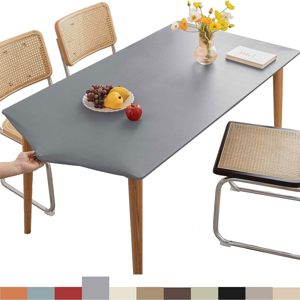 Leather Fitted Rectangular Tablecloth,Elastic Edge Tablecloth,Washable Tablecloth for Outdoor, Patio, Kitchen and Dining Room- Light Gray