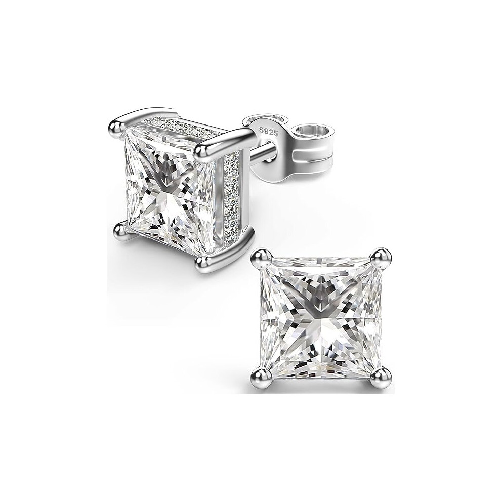 18K White Gold Plated Sterling Silver Princess Cut Cubic Zirconia Stud Earrings Square Simulated Diamond CZ Stud Earrings for  Hypoallergenic(4mm)