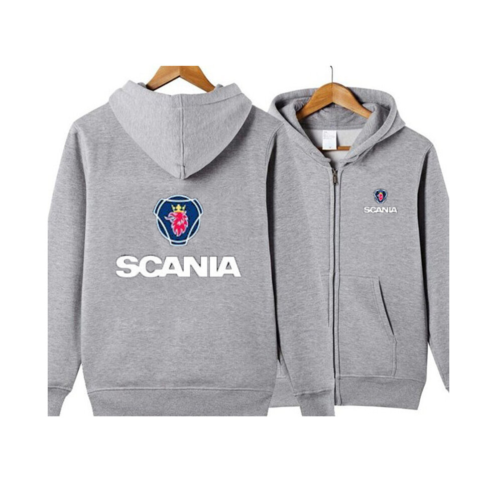 (Light Gray, XL) Scania Printed Men Winter Fleece Hoodie Coat Thicken Jacket Sweatshirt Tops
