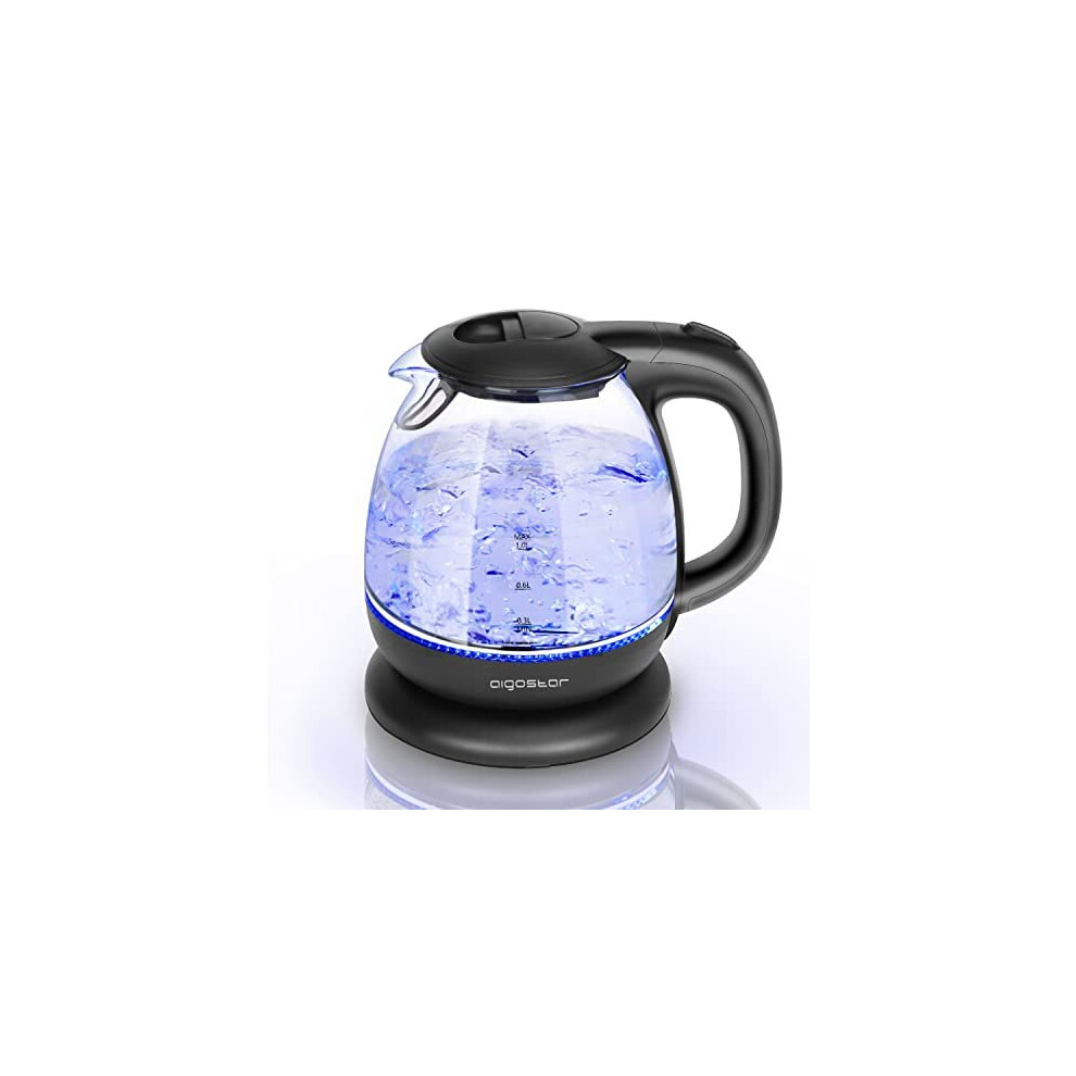 Aigostar Small Electric Kettle, 1.0L Black Glass Kettle Cordless, Compact Mini Clear Water Tea Kettle Fast Quiet Boil
