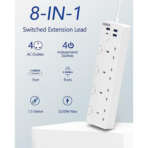 Extension Lead with USB Slots, FDTEK 4 Way Surge Protected Extension