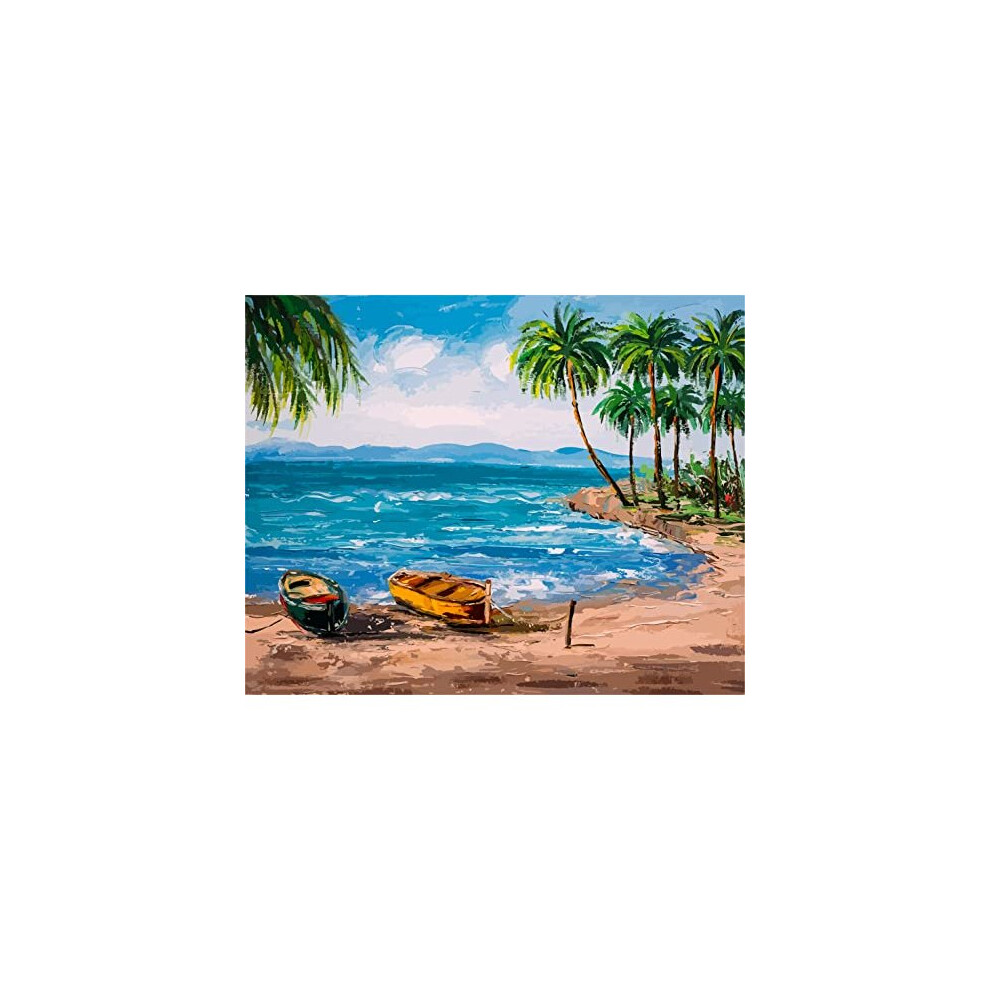 DIY Paint by Numbers for Adults Kids Tropical Island Beach Oil Painting by Numbers with Brushes and Acrylic Pigment Boats Paint by Numbers Kits Gift