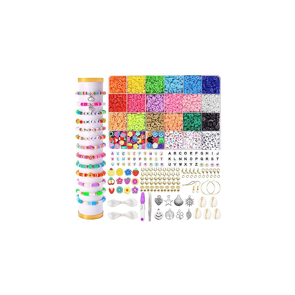 2460 Pcs Clay Beads Kit, 18 Colors Flat Round Clay Beads Bracelet Making Kit, Heishi Clay Spacer Beads with Heart Letter Polymer Clay Beads for