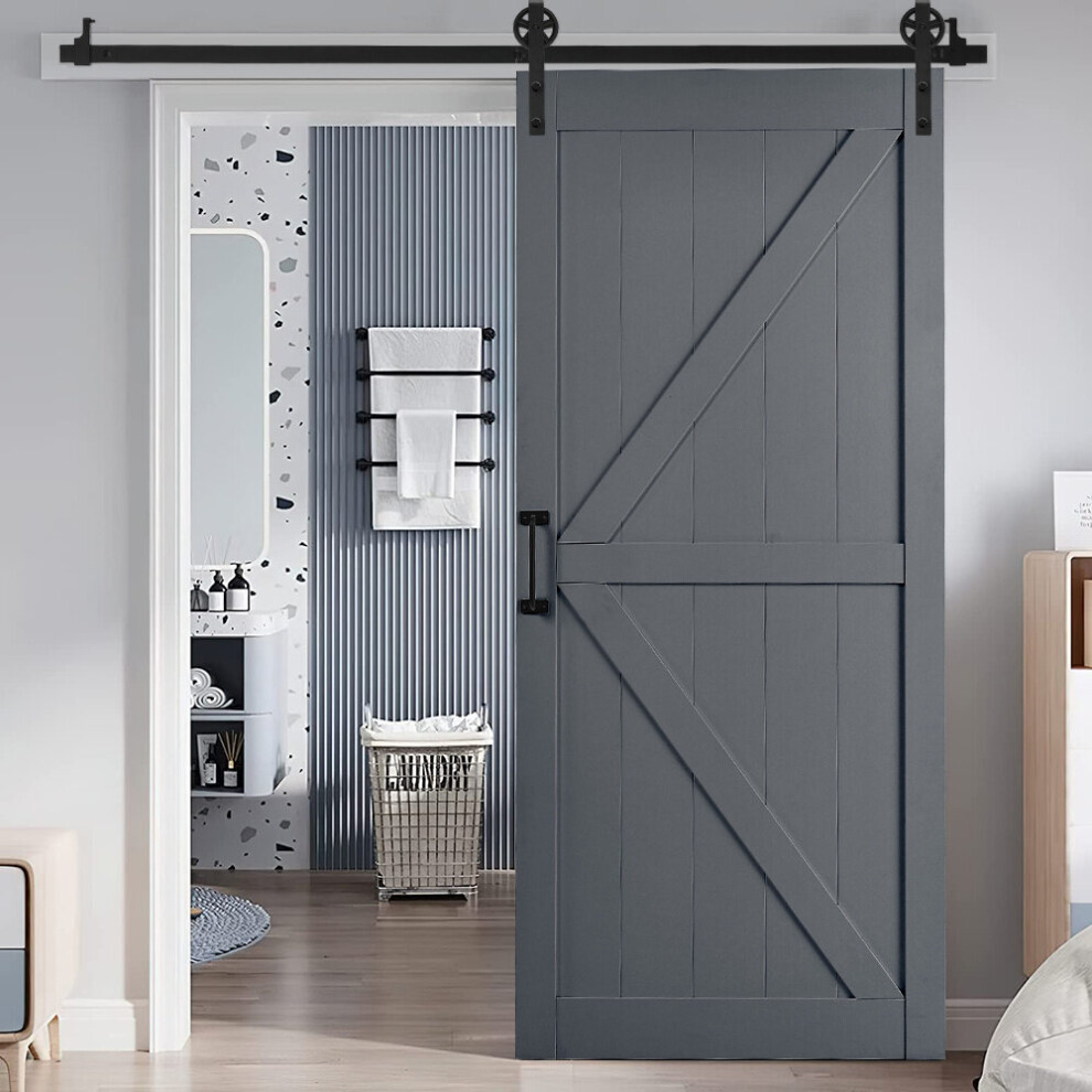Dark Grey Farmhouse Style Wooden Barn Door with Sliding Kit