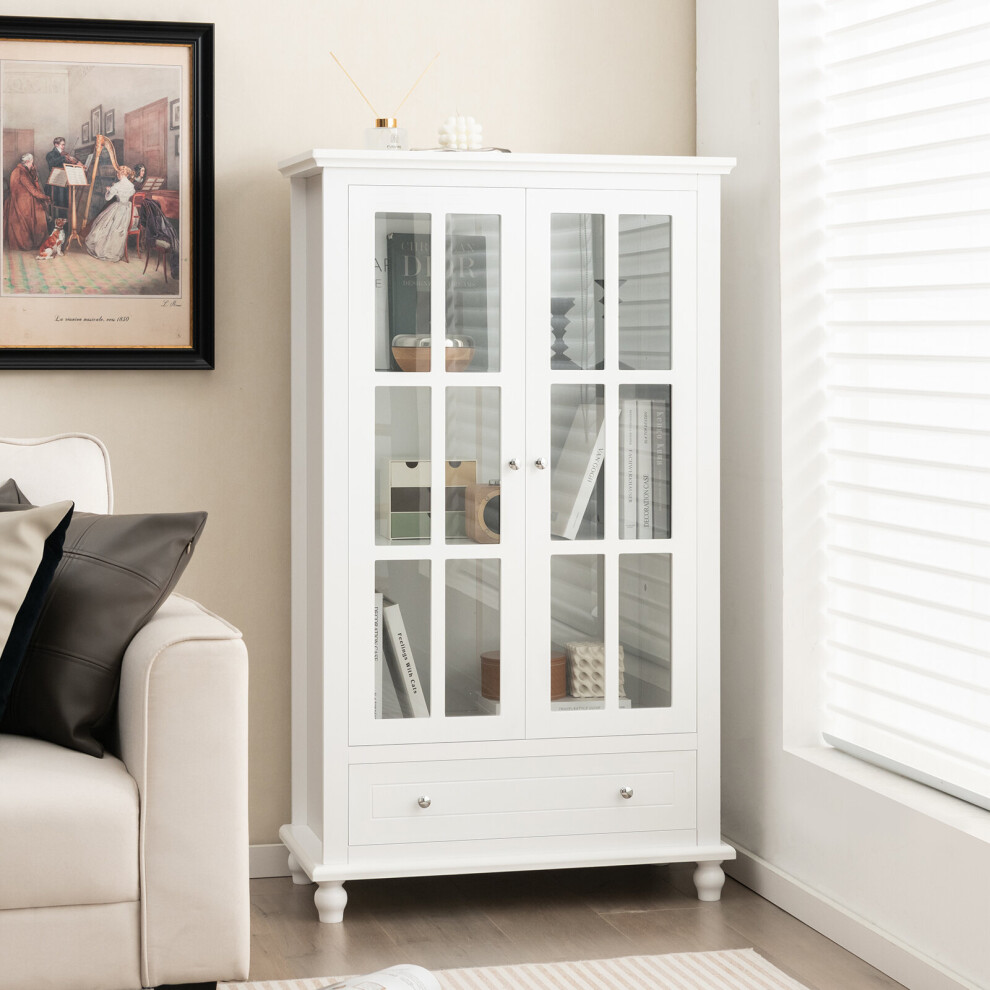 Home Office Bookshelf w/ Glass Doors Shelves & Drawer for Living Room