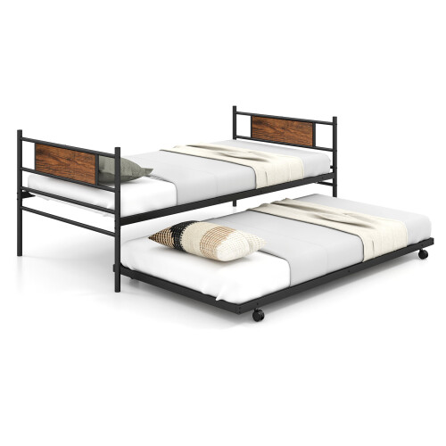Costway Single Metal Daybed Sofa Bed Dual-use Guest Bed W/ Pull-out Trundle