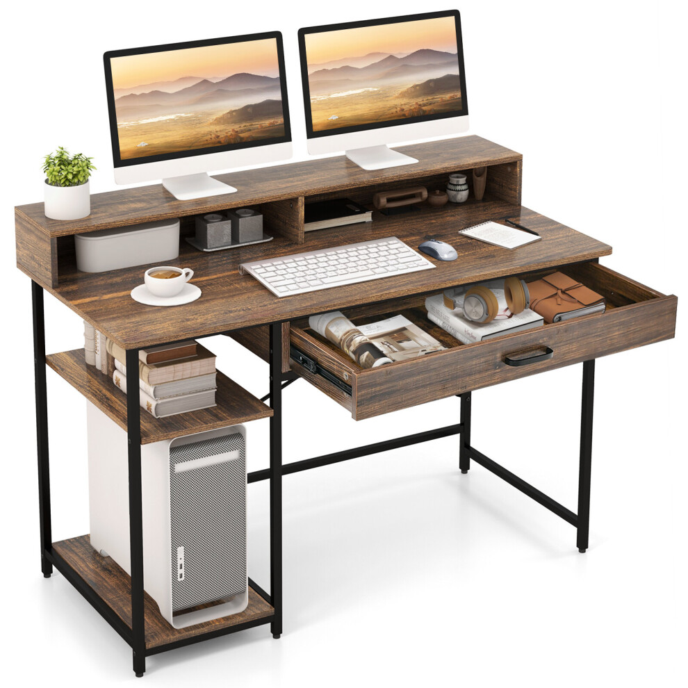 120cm Home Office Computer Desk W/ Drawer Open Shelves & Monitor Stand-image-OPC-PCB7SXH-NEW