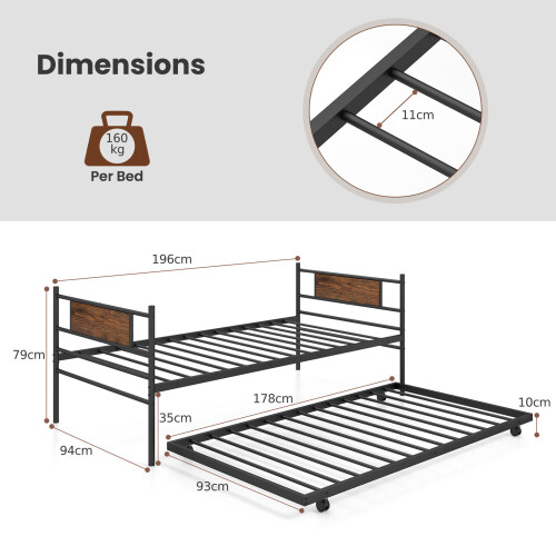 Costway Single Metal Daybed Sofa Bed Dual-use Guest Bed W/ Pull-out Trundle 1