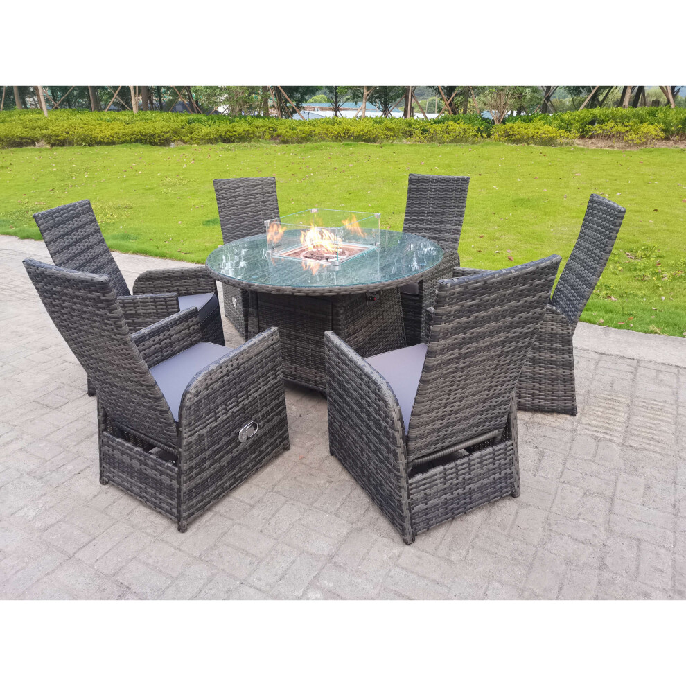 Fimous Rattan Garden Furniture Gas Fire Pit Dining Table Chair 6 Seater
