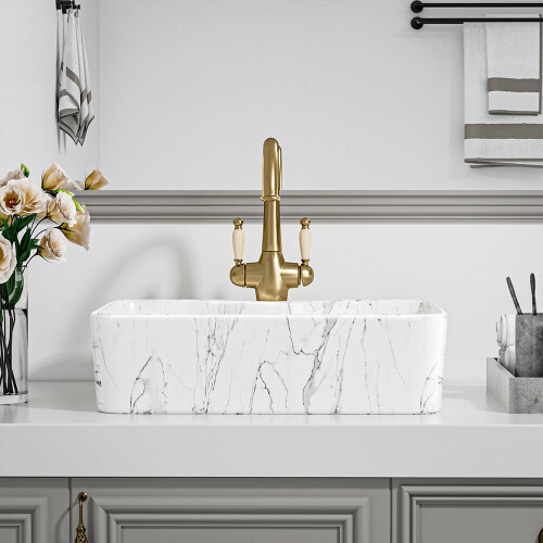 Living And Home Rectangular White Ceramic Marble Effect Texture Countertop Basin Bathroom Sink W 480mm x D 370mm 1