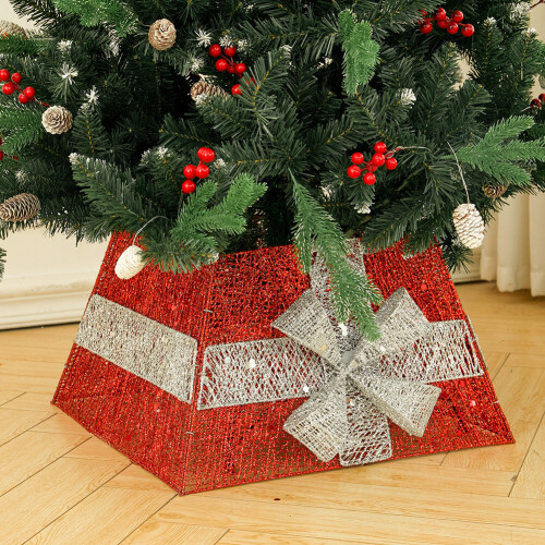 Living And Home (Red) Square Christmas Tree Collar Basket Decor with Bow Tie