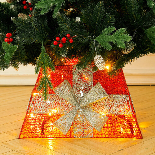 Living And Home (Red) Square Christmas Tree Collar Basket Decor with Bow Tie 2