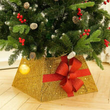 (Gold) Square Christmas Tree Collar Basket Decor with Bow Tie