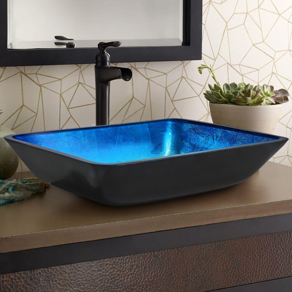 (Gradient Blue) Rectangular Tempered Glass Bathroom Sink Drain Set