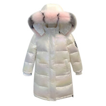 (150) Girls Winter Hooded Shiny Down Jacket Waterproof Coat Kids Parka Snowsuit With Faux Fur Collar (Colorful White)