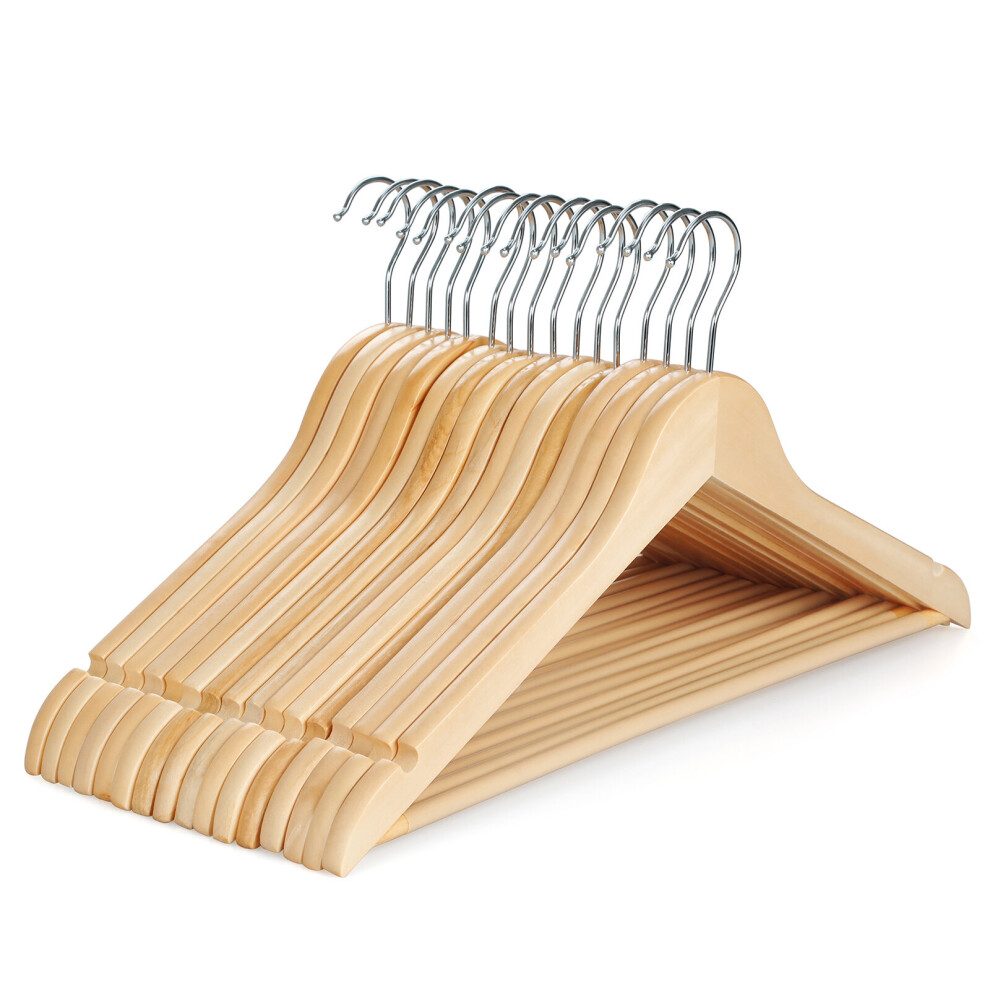 (20 Pack Natural) 20 Wooden Hangers, Coat Hangers, Clothes Hangers, with Shoulder Notches, Trousers Bar, 360Â° Swivel Hook