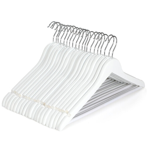 (20 Pack White) 20 Wooden Hangers, Coat Hangers, Clothes Hangers, with Shoulder Notches, Trousers Bar, 360° Swivel Hook