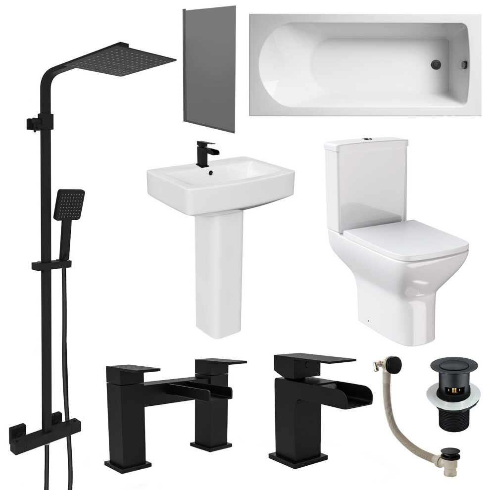 Square Bathroom Suite Matt Black 1700mm Bath, Toilet, Pedestal basin, Tap,Shower