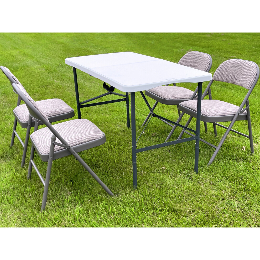 (4FT FOLDING TABLE + 4 FOLDING CHAIRS) 6FT CAMPING CATERING HEAVY DUTY FOLDING TABLE TRESTLE PICNIC BBQ PARTY CHAIRS